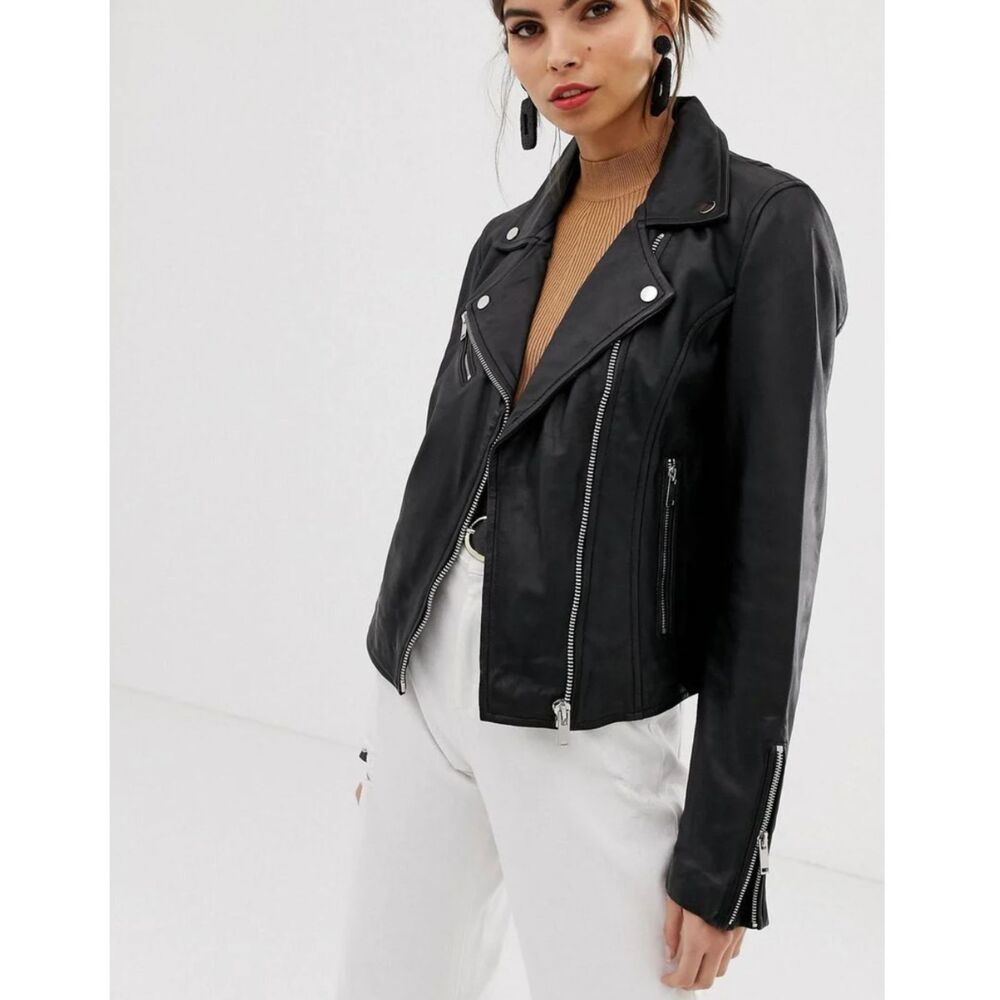 STRADIVARIUS 100% Leather Biker Jacket Black Medium